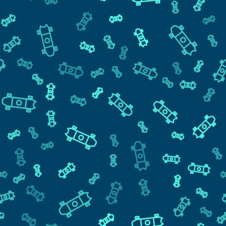 Green line Longboard or skateboard cruiser icon isolated seamless pattern on blue background. Extreme sport. Sport equipment. Vector Illustrationのイラスト素材