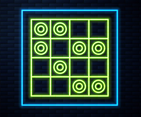 Glowing neon line Board game of checkers icon isolated on brick wall background. Ancient Intellectual board game. Chess board. White and black chips. Vectorのイラスト素材