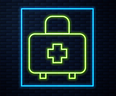 Neon First Aid Sign Glowing neon line First aid kit icon isolated on brick wall background ...