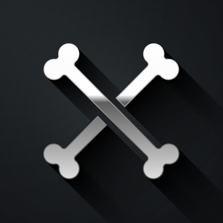 Silver Crossed human bones icon isolated on black background. Long shadow style. Vectorのイラスト素材