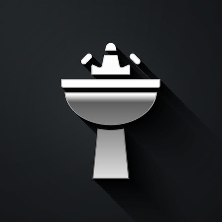 Silver Washbasin with water tap icon isolated on black background. Long shadow style. Vectorのイラスト素材