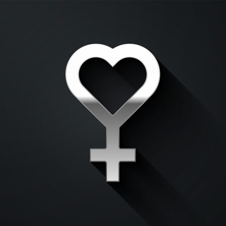 Silver Female gender symbol icon isolated on black background. Venus symbol. The symbol for a female organism or woman. Long shadow style. Vectorのイラスト素材