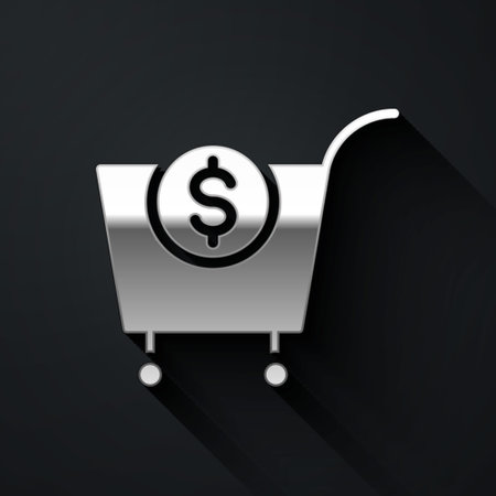 Silver Shopping cart and dollar symbol icon isolated on black background. Online buying concept. Delivery service. Supermarket basket. Long shadow style. Vectorのイラスト素材