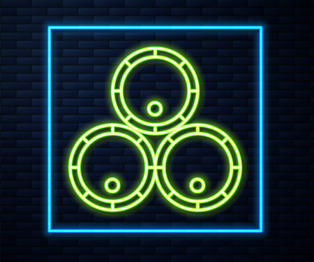 Glowing neon line Wooden barrels icon isolated on brick wall background. Alcohol barrel, drink container, wooden keg for beer, whiskey, wine. Vector Illustrationのイラスト素材