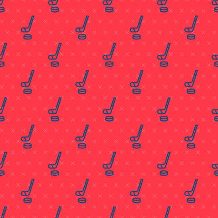 Blue line Ice hockey stick and puck icon isolated seamless pattern on red background. Vectorのイラスト素材