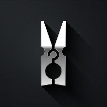 Silver Old wood clothes pin icon isolated on black background. Clothes peg. Long shadow style. Vectorのイラスト素材