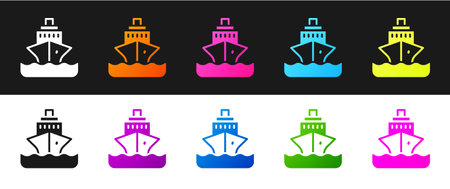 Set Cruise ship icon isolated on black and white background. Travel tourism nautical transport. Voyage passenger ship, cruise liner. Worldwide cruise. Vectorのイラスト素材