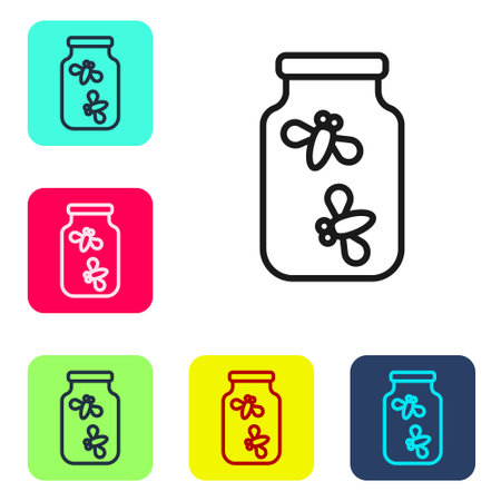 Black line Fireflies bugs in a jar icon isolated on white background. Set icons in color square buttons. Vectorのイラスト素材