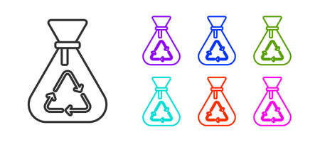 Black line Garbage bag with recycle symbol icon isolated on white background. Trash can icon. Recycle basket sign. Set icons colorful. Vectorのイラスト素材