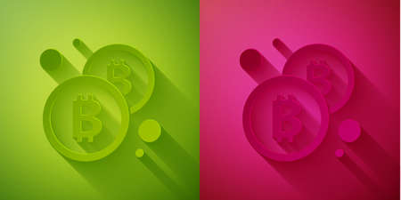 Paper cut Cryptocurrency coin Bitcoin icon isolated on green and pink background. Physical bit coin. Blockchain based secure crypto currency. Paper art style. Vectorのイラスト素材