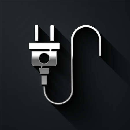 Silver Electric plug icon isolated on black background. Concept of connection and disconnection of the electricity. Long shadow style. Vectorのイラスト素材
