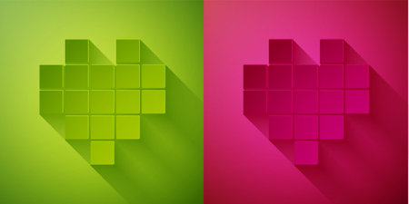 Paper cut Pixel hearts for game icon isolated on green and pink background. Paper art style. Vectorのイラスト素材