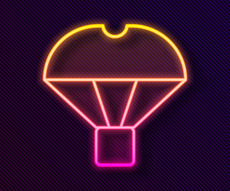 Glowing neon line Box flying on parachute icon isolated on black background. Parcel with parachute for shipping. Delivery service, air shipping. Vectorのイラスト素材