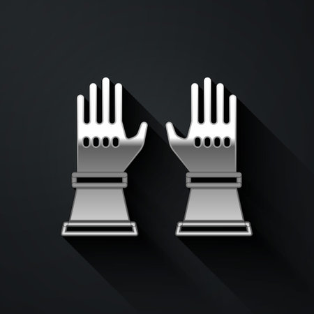 Silver Firefighter gloves icon isolated on black background. Protect gloves icon. Long shadow style. Vectorのイラスト素材