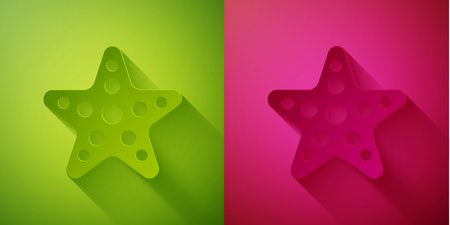 Paper cut Starfish icon isolated on green and pink background. Paper art style. Vectorのイラスト素材