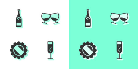 Set Glass of champagne, Champagne bottle, Bottle cap and cognac or brandy icon. Vectorのイラスト素材