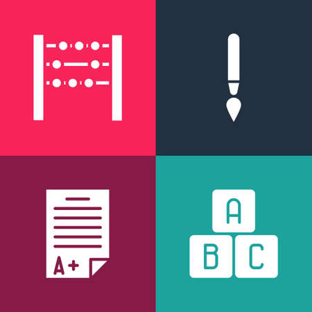Set pop art ABC blocks, Exam sheet with plus grade, Paint brush and Abacus icon. Vectorのイラスト素材