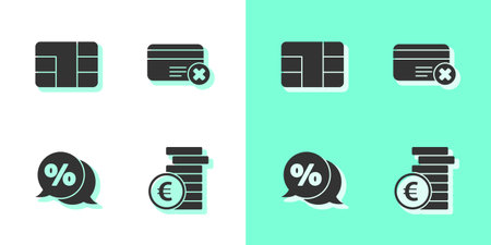 Set Coin money with euro symbol, Credit card chip, Discount percent tag and remove icon. Vectorのイラスト素材