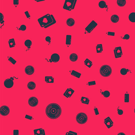 Set Vinyl disk, Playing cards, Bomb ready to explode and Punching bag on seamless pattern. Vectorのイラスト素材