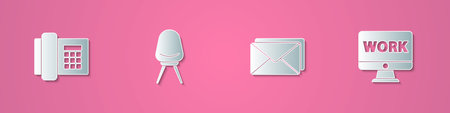 Set paper cut Telephone, Office chair, Envelope and Monitor with text work icon. Paper art style....