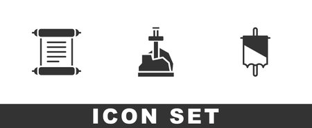 Set Decree, parchment, scroll, Sword in the stone and Medieval flag icon. Vectorのイラスト素材