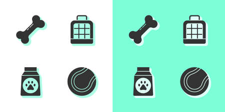 Set Tennis ball, Dog bone, Bag of food and Pet carry case icon. Vectorのイラスト素材