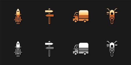 Set Rocket ship with fire, Road traffic signpost, Delivery cargo truck and Scooter icon. Vectorのイラスト素材