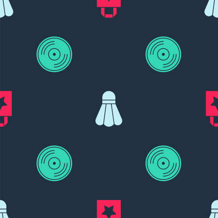 Set Paper shopping bag, Badminton shuttlecock and Vinyl disk on seamless pattern. Vectorのイラスト素材