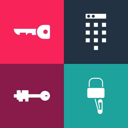 Set pop art Lock picks for lock picking, Old key, Password protection and Key icon. Vectorのイラスト素材