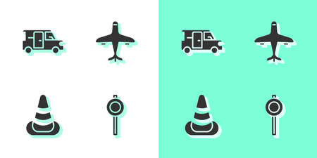 Set Road traffic signpost, Minibus, Traffic cone and Plane icon. Vectorのイラスト素材