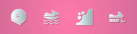 Set paper cut Helmet, Jet ski, Landslide and Snowmobile icon. Paper art style. Vectorのイラスト素材
