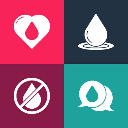Set pop art Water drop with speech bubbles, forbidden, and Heart water icon. Vectorのイラスト素材
