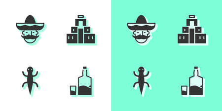 Set Tequila bottle and glass, Mexican man sombrero, Lizard and Chichen Itza in Mayan icon. Vectorのイラスト素材