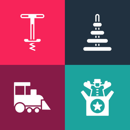 Set pop art Jack in the box toy, Toy train, Pyramid and Pogo stick jumping icon. Vectorのイラスト素材