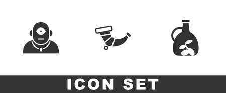 Set Cyclops, Hunting horn and Bottle of olive oil icon. Vectorのイラスト素材