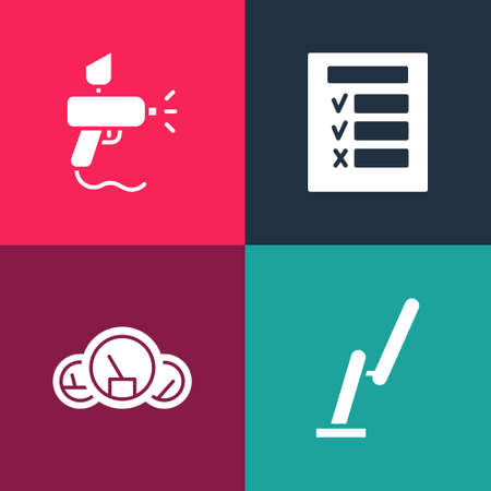 Set pop art Windscreen wiper, Speedometer, Car inspection and Paint spray gun icon. Vectorのイラスト素材