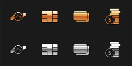 Set Discount percent tag, Credit card with chip, and Coin money dollar icon. Vectorのイラスト素材