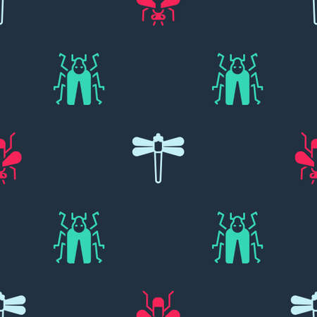 Set Insect fly, Dragonfly and Beetle bug on seamless pattern. Vectorのイラスト素材