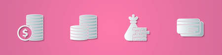 Set paper cut Coin money with dollar, , Money bag and coin and Credit card icon. Paper art style. Vectorのイラスト素材