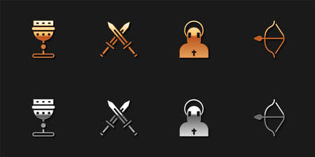 Set Medieval goblet, Crossed medieval sword, Monk and bow and arrow icon. Vectorのイラスト素材