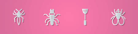 Set paper cut Spider, Termite, Fly swatter and Insect fly icon. Paper art style. Vectorのイラスト素材