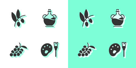 Set Paint brush with palette, Olives branch, Grape fruit and Bottle of olive oil icon. Vectorのイラスト素材