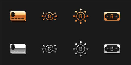 Set Credit card with bitcoin, Bitcoin circuit, Blockchain technology and Cryptocurrency icon. Vectorのイラスト素材