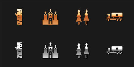 Set Birch tree, Church building, Christmas and Tanker truck icon. Vectorのイラスト素材