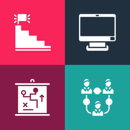 Set pop art Project team base, Planning strategy concept, Computer monitor and Stair with finish flag icon. Vectorのイラスト素材