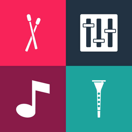 Set pop art Clarinet, Music note, tone, Sound mixer controller and Drum sticks icon. Vectorのイラスト素材