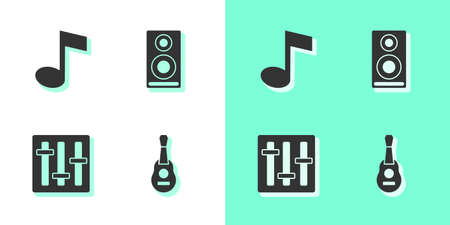 Set Guitar, Music note, tone, Sound mixer controller and Stereo speaker icon. Vectorのイラスト素材