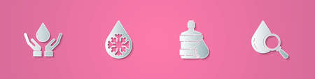 Set paper cut Washing hands with soap, Defrosting, Big bottle clean water and Drop magnifying glass icon. Paper art style. Vectorのイラスト素材