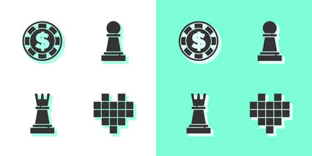 Set Pixel hearts for game, Casino chip with dollar, Chess and icon. Vectorのイラスト素材
