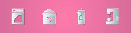 Set paper cut Coffee paper filter, Bag coffee beans, French press and machine icon. Paper art style....